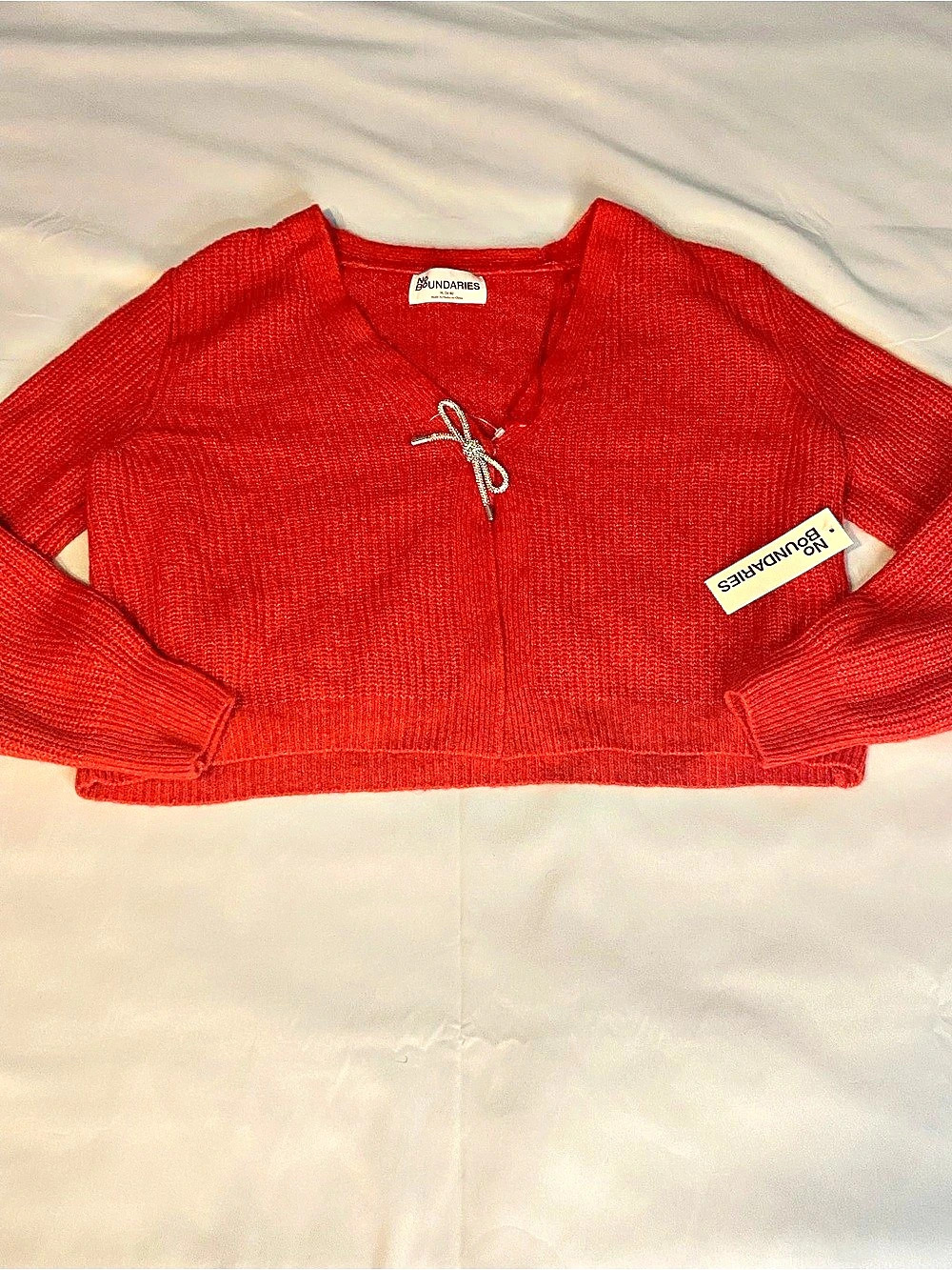 Womans No Boundaries Rhinestone Bow Cardigan Red Size XL